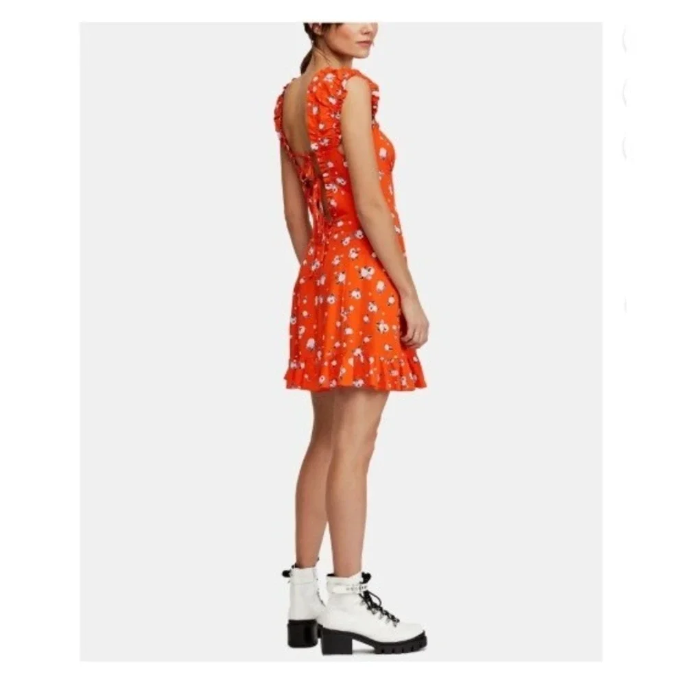 Free People Like a Lady Orange Floral Polka Dot Tie Back‎ Mini Dress Med NWT